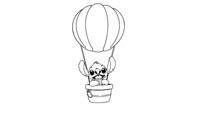 Kleurplaat van Stitch in een luchtballon, vrolijk zwaaiend vanuit een schattig mandje.