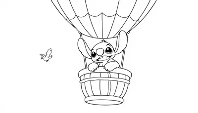 Stitch als schattige tekening in een luchtballon met een vogel ernaast, perfect als kleurplaat.