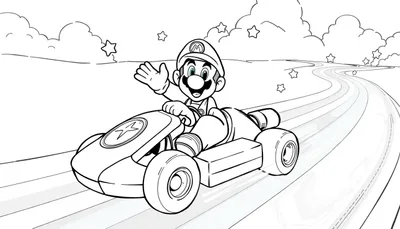 Kleurplaat van Mario in een kart op de Rainbow Road, met een ster op zijn kart en een vrolijke uitdrukking.