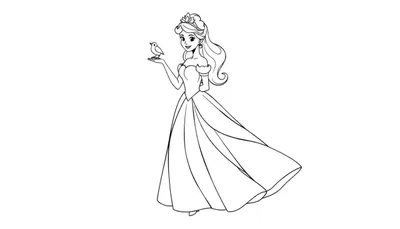 Kleurplaat van een prinses met een kroon, in een prachtige jurk, die een klein vogeltje vasthoudt.