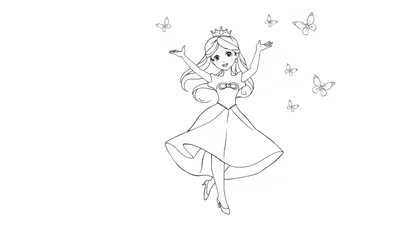 Een zwart-wit kleurplaat van een prinses met kroontje, zwierende jurk, vliegende vlinders en een vrolijke uitstraling.