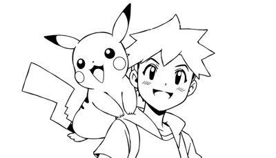Kleurplaat van Ash en Pikachu: een blije jongen met stijl haar en grote ogen met zijn vrolijke Pikachu op de schouder.