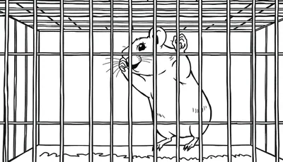 Een schattige lijntekening van een hamster in een kooi, perfect als kleurplaat.