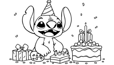 Kleurplaat van Stitch zijn verjaardag; een vrolijke afbeelding met Stitch in een feesthoed, cadeautjes, een taart met een kaars en confetti.