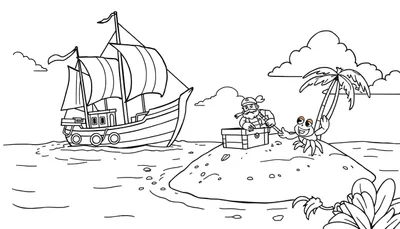Speelse kleurplaat van een piratenschip, een eiland met een schatkist, een piraat en een vrolijke krab die aan een palmboomtak bungelt.