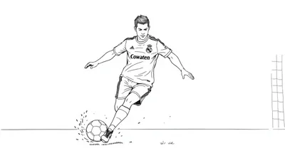 Kleurplaat van een voetballer, zoals Ronaldo, tijdens zijn tijd bij Real Madrid in actie die een bal schiet met een doel op de achtergrond.