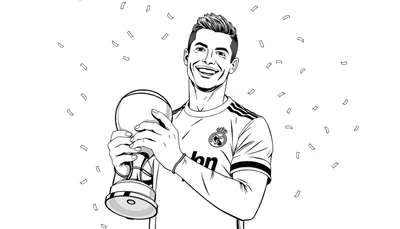 Kleurplaat van Ronaldo in Real Madrid met een beker in een feestelijke sfeer, confetti in de lucht.