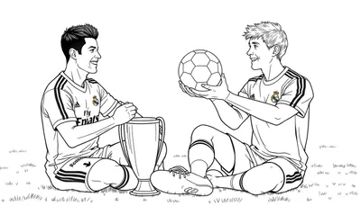 Kleurplaat van twee voetballers in Real Madrid-shirts. De linker voetballer lacht met een grote beker, de rechter houdt een bal vast.