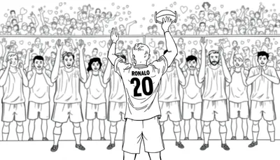 Zwart-witte kleurplaat van voetballer met nummer 20 en naam 'RONALO', die de bal omhoog houdt terwijl teamgenoten en publiek juichen.