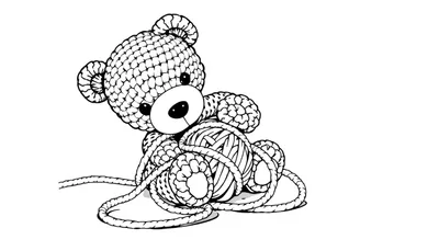 Lijntekening van een schattige gehaakte teddybeer met een bol wol, perfect als kleurplaat voor kinderen.