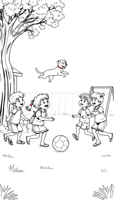 Kleurplaat van vier kinderen die spelen in een tuin met een hond, een schommel en een boom.