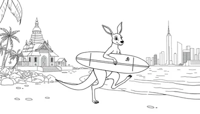 Kleurplaat van een vrolijke kangoeroe met een surfplank op een strand, met een tempel, palmbomen en een skyline op de achtergrond.