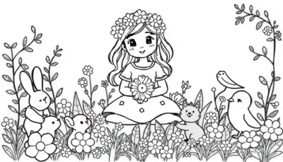 Een schattige kleurplaat van een meisje met bloemen in haar haar, omringd door vrolijke dieren zoals konijnen, een kat en vogels, met veel bloemen en blaadjes.