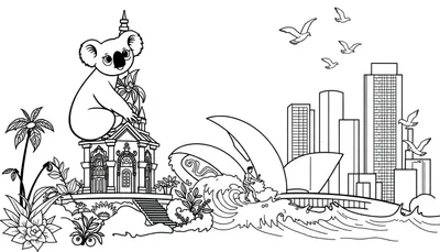 Kleurplaat vol met symbolen van Australië, Bali en New York City. Koala op een gebouw, Sydney Opera House, een surfer, een stad en meer.