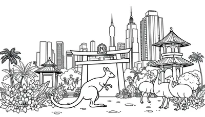 Een kleurrijke kleurplaat met elementen uit Australië, Bali en New York City: tropische planten, dieren zoals kangoeroes en emoes, Japanse pagodes, een torii-poort, wolkenkrabbers en een standbeeld.