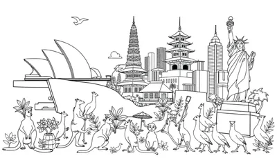 Een kleurplaat met de Sydney Opera House, Aziatische tempels, een stadssilhouet, het Vrijheidsbeeld, kangoeroes, emoes en veel decoratieve elementen.