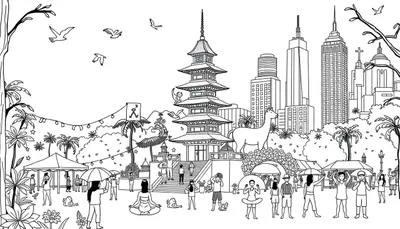 Kleurplaat van een fantasierijke stad met elementen uit Australië, Bali en New York. Je ziet wolkenkrabbers, een pagode, een park met mensen en dieren, palmbomen en grote standbeelden.