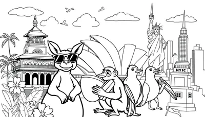 Kleurplaat met grappige dieren uit Bali, Australië en New York, met tempels, kangoeroes, en beroemde gebouwen zoals het Sydney Opera House en het Vrijheidsbeeld.