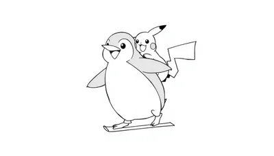 Zwart-witte kleurplaat van een pinguïn op ski's met Pikachu op zijn rug, beiden lachen vrolijk.