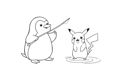 Leuke kleurplaat van een pinguïn met een speer en Pikachu met een bliksemstaart op een plas water.