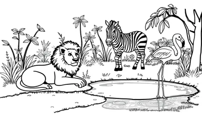 Kleurplaat van een paradijs met dieren: een leeuw, zebra en flamingo bij een waterpoel.