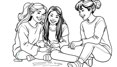 Een zwart-wit kleurplaat van drie meisjes die lachen en samen op de grond zitten. Een meisje met krullend haar tekent iets met een stift, terwijl de anderen toekijken.