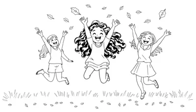 Kleurplaat van drie lachende kinderen die buiten springen met bladeren in de lucht en gras op de voorgrond.