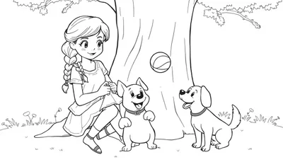 Kleurplaat van een meisje genaamd Amy met een vlecht in haar haar, die onder een boom zit en aan het haken is, met haar hond Lucy vrolijk naast haar.