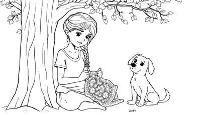 Kleurplaat van een meisje met een vlecht, genaamd Amy, die onder een boom zit te haken met haar puppy Lucy naast haar.