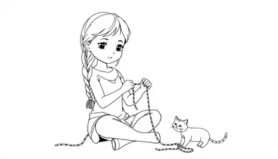 Kleurplaat van een meisje met vlecht en een kat, zittend op de grond met een lint.