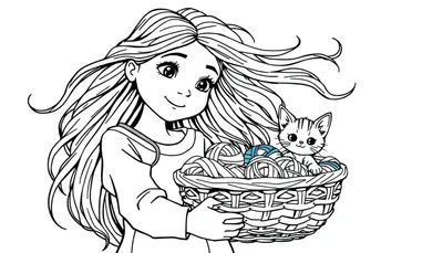 Kleurplaat van een meisje met lang haar die een mand vasthoudt met wol en een kitten die erin zit.