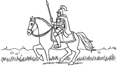 Kleurplaat van een ridder te paard met helm, cape en speer, omringd door gras en struiken.