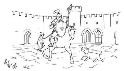Kleurplaat van een middeleeuwse ridder op een paard met een hond, voor kinderen om in te kleuren.