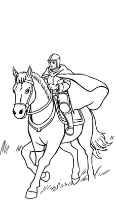 Kleurplaat van een ridder en een kat samen op een paard.