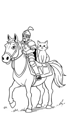 Een kleurplaat van een ridder in harnas en een vrolijke kat samen op een vriendelijk paard.