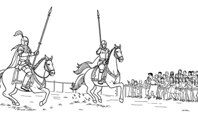 Kleurplaat van twee ridders te paard tijdens een middeleeuws steekspel, met toeschouwers op de achtergrond.