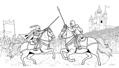 Middeleeuws riddertoernooi kleurplaat met ridders op paarden en een kasteel op de achtergrond.