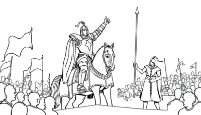 Een middeleeuwse kleurplaat met een ridder op een paard en een andere ridder met een speer.