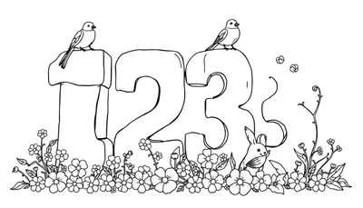Kleurplaat van de cijfers 1, 2 en 3 met bloemen, vogels en een konijntje.