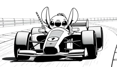 Zwart-wit kleurplaat van een raceauto met Stitch-achtig figuurtje dat een vlag vasthoudt.