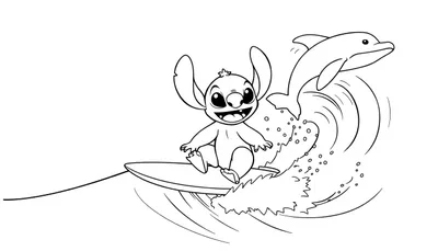 Kleurplaat van een lachende Stitch die surft met een springende dolfijn in de oceaan.