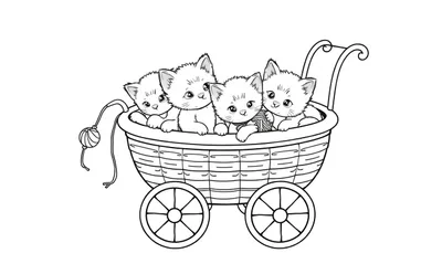 Kleurplaat van een kinderwagen gevuld met vier nieuwsgierige kittens en een bolletje wol aan een touwtje.