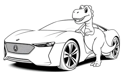 Kleurplaat van een lachende dinosaurus die leunt op een sportauto.