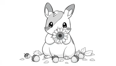 Kleurplaat van een schattige hamster-achtig dier, Morpeko, dat een zonnebloem vasthoudt.