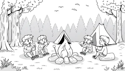 Zwart-wit kleurplaat van vier kinderen rond een kampvuur in een bos. Ze roosteren iets op stokjes en er is een tent en bomen te zien.