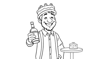 Een vrolijke kleurplaat van Matthew met een taartvormige kroon, een fles in zijn hand en een tafel met taart ernaast.