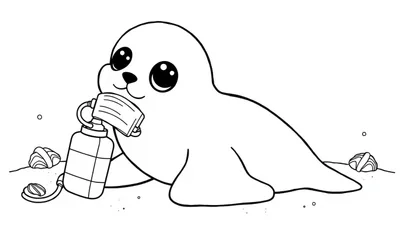 Kleurplaat van een zeehond met een gezichtsmasker en een zuurstoftank op het strand met schelpen.