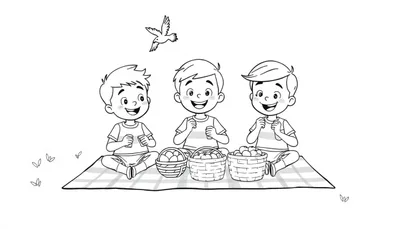 Kleurplaat van drie blije kinderen op een picknickkleed met gevulde manden en een vogel in de lucht.