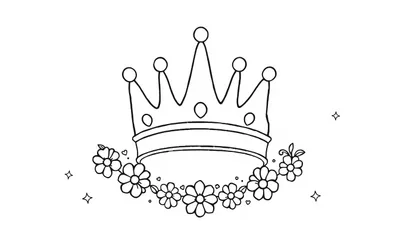 Een minimalistische kleurplaat van een kroon met ronde punten, bloemenversiering en kleine sterretjes en hartjes op de achtergrond.