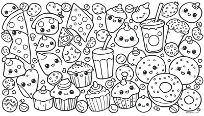 Een vrolijke kleurplaat vol met lachende eten-figuurtjes, zoals pizza, cupcakes, donuts en kaasplakken met gezichtjes.